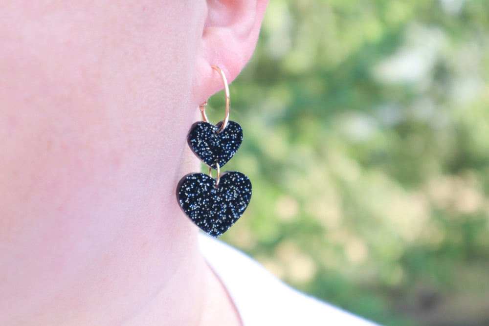 Glittery black hearts hoops