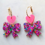 Pink heart and ribbon earrings