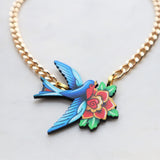 Old-school tattoo bird necklace