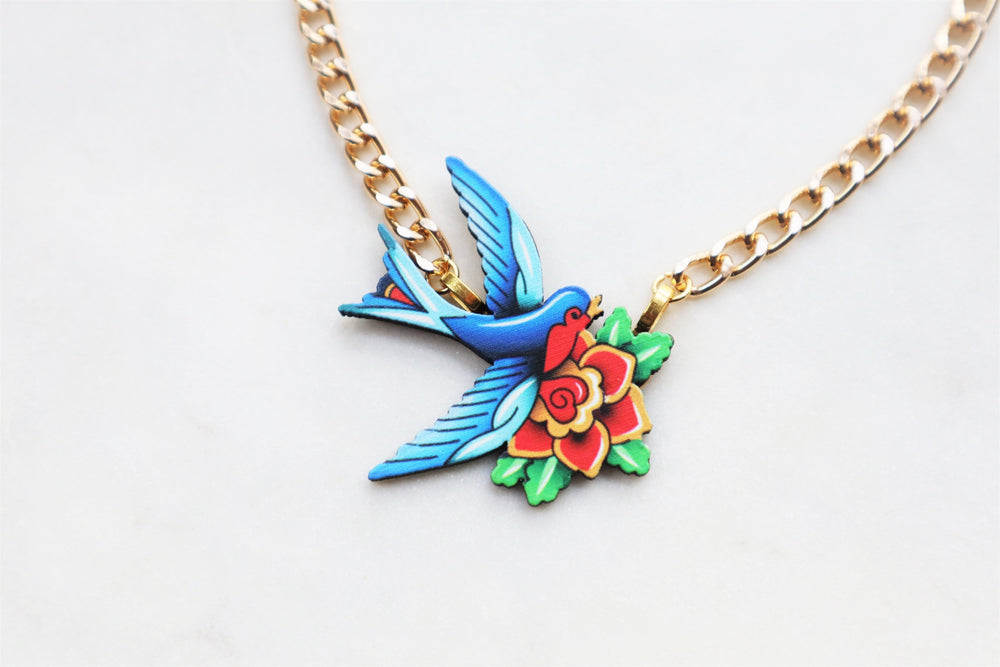 Old-school tattoo bird necklace