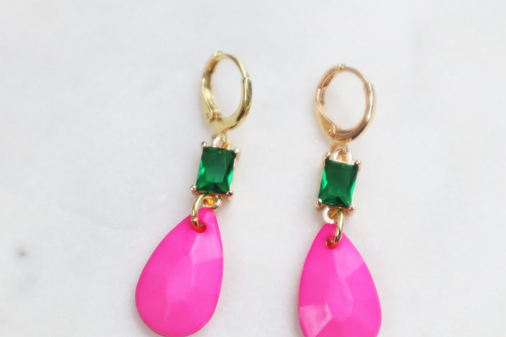 Green and pink drops earrings