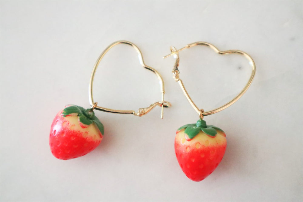 Heart Hoop Earrings with strawberries